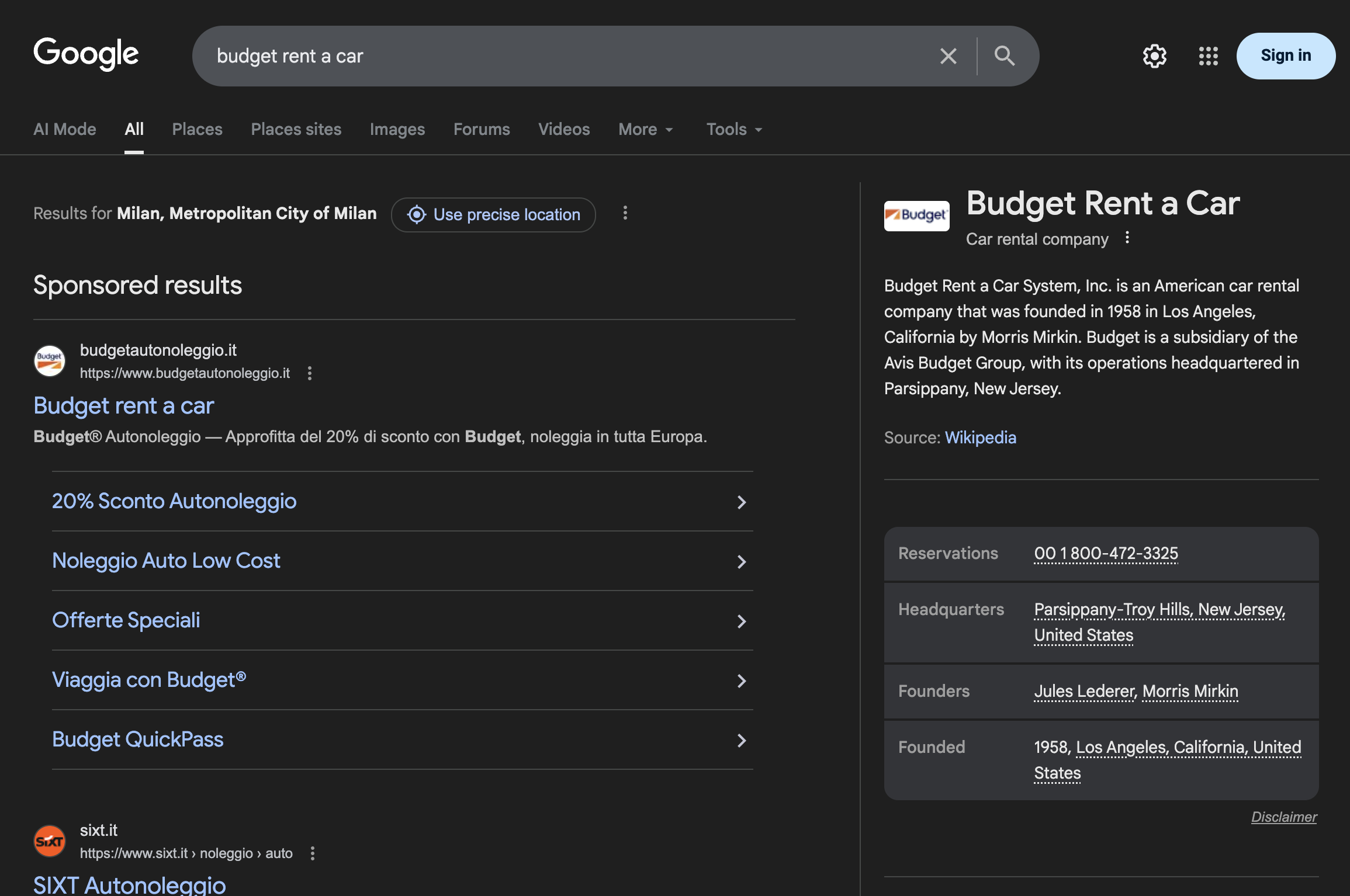 Google search for Budget with full Knowledge Panel and Wikipedia