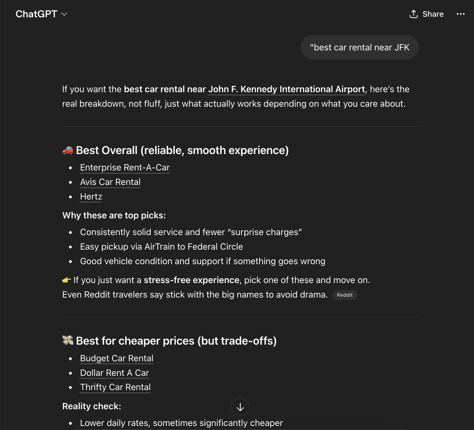 ChatGPT search for best car rental near JFK, Drivo absent