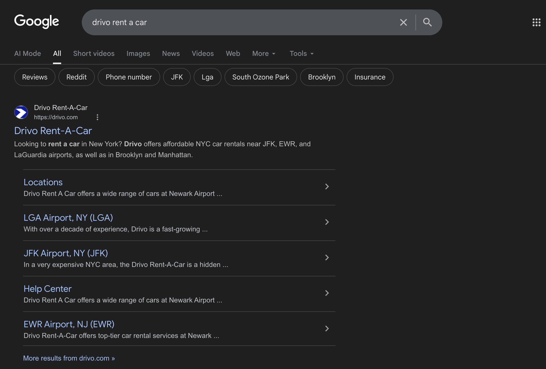 Google search for Drivo with no Knowledge Panel