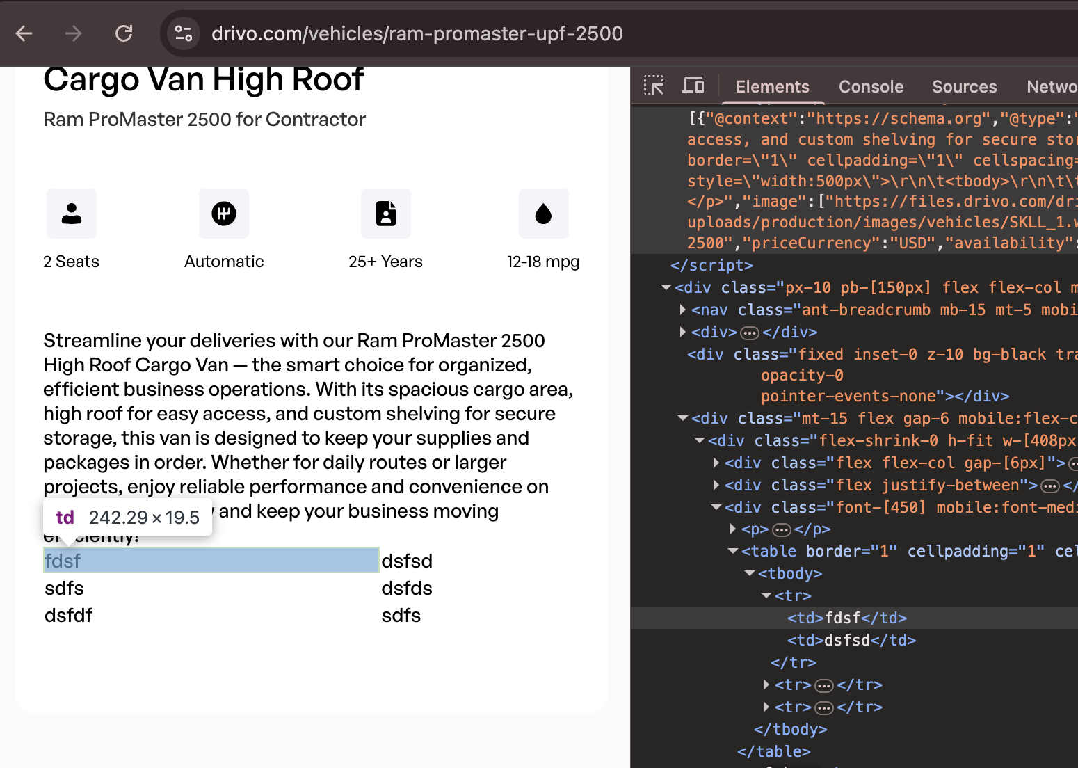 Gibberish test data fdsf dsfsd visible on Ram ProMaster page