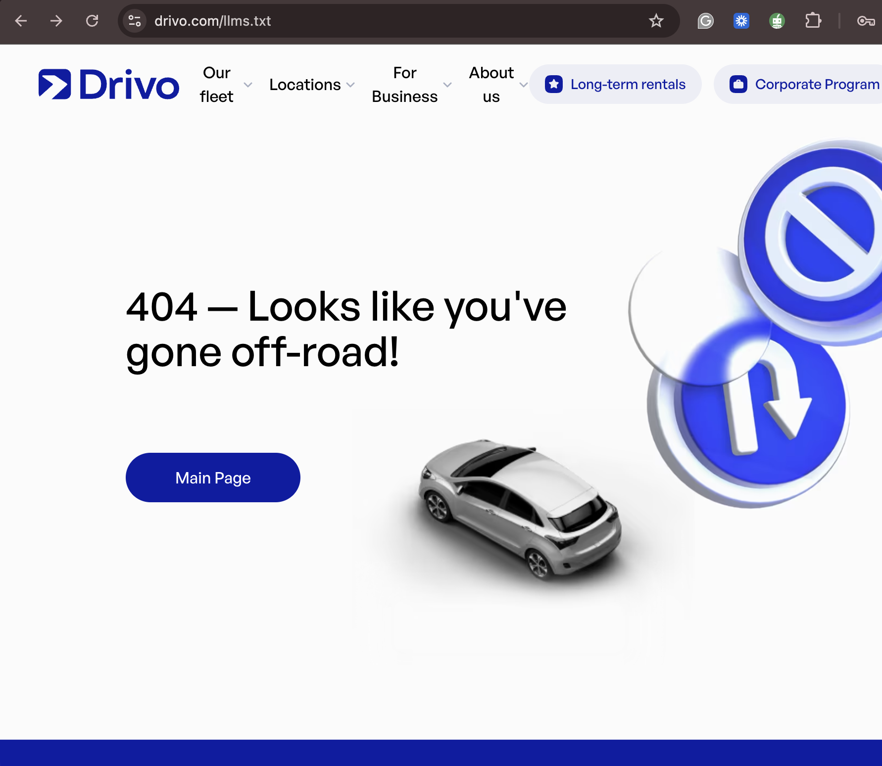 drivo.com/llms.txt returning a Drivo-branded 404 page reading 'Looks like you've gone off-road!'