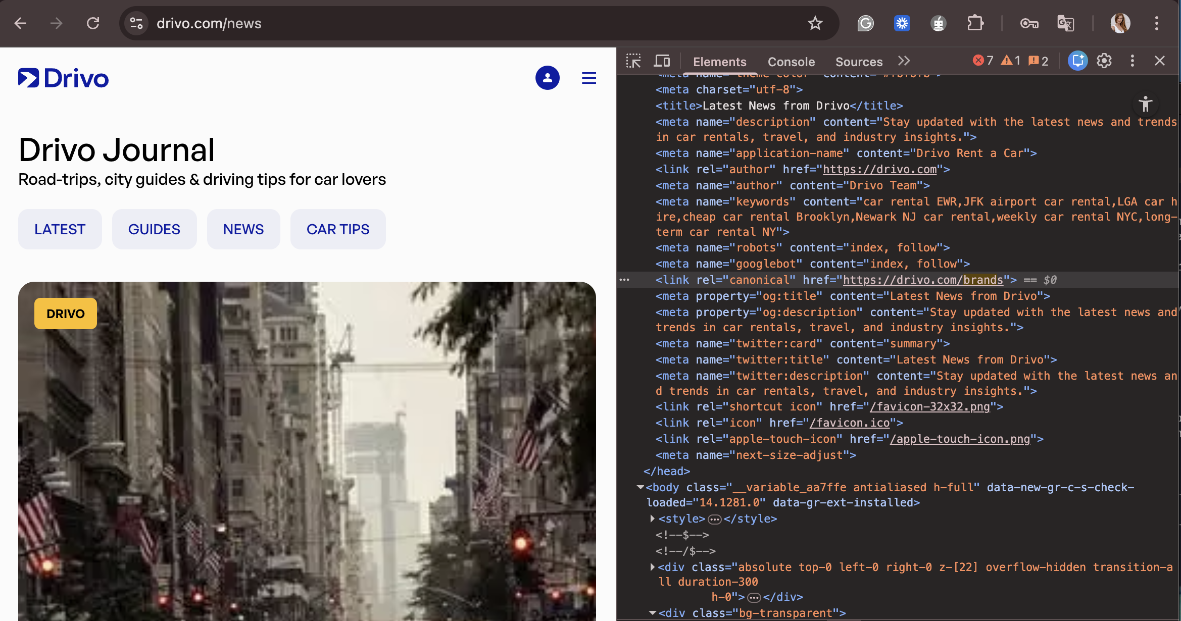 News page canonical tag pointing to /brands instead of /news