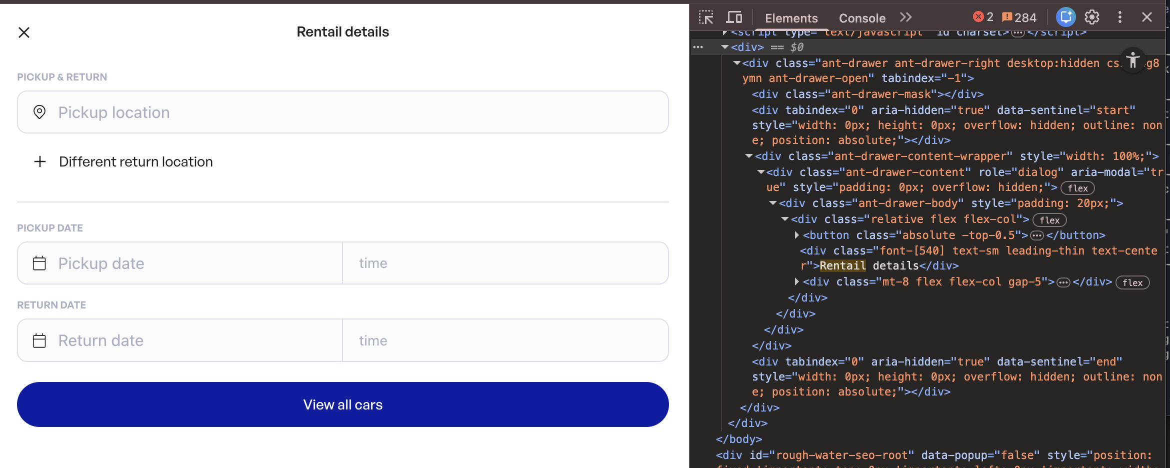 Booking drawer showing Rentail details typo in source code
